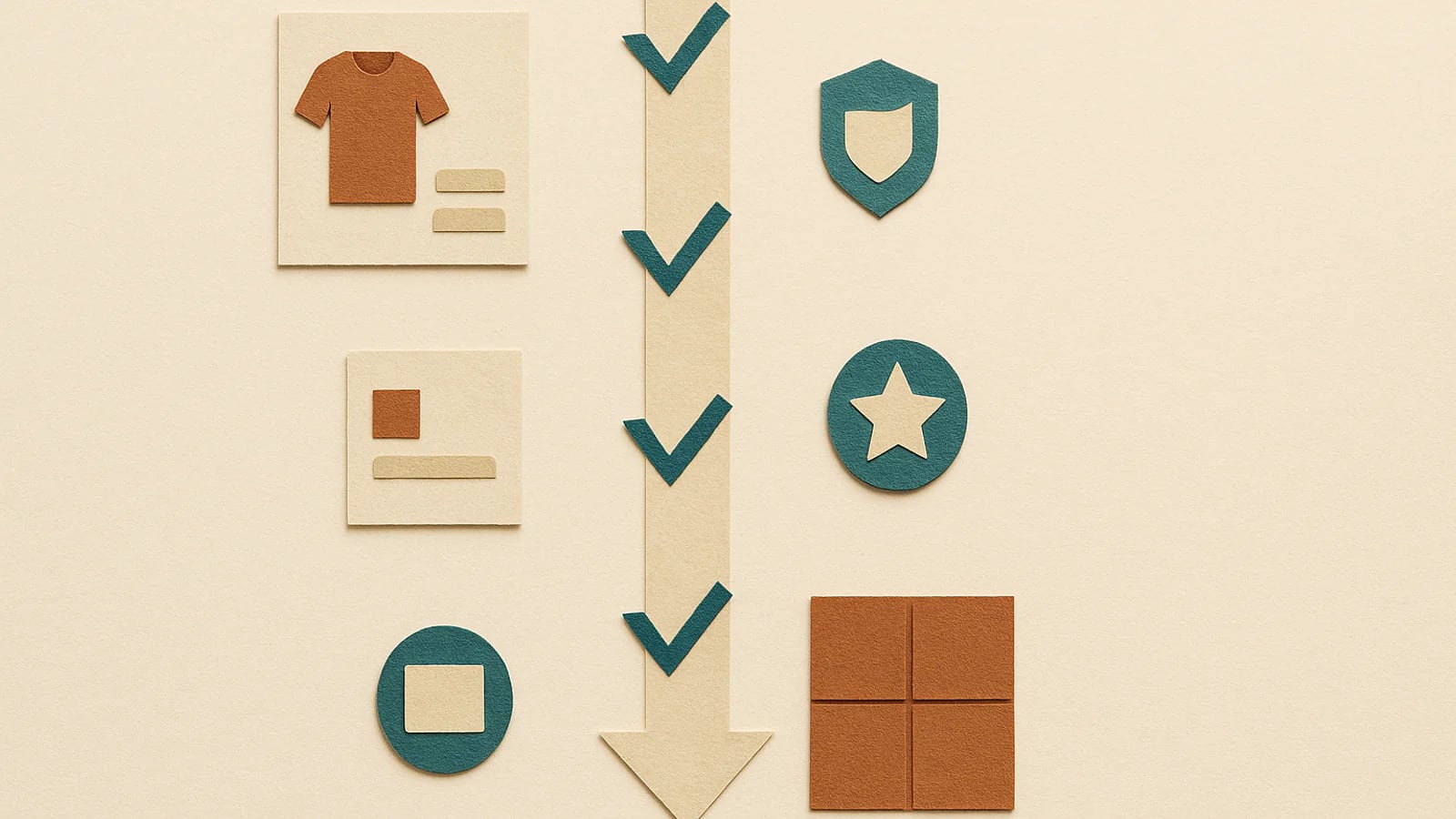 A vertical checklist path connecting Shopify storefront elements, schema badges, policy notes, and review tokens in terracotta and teal