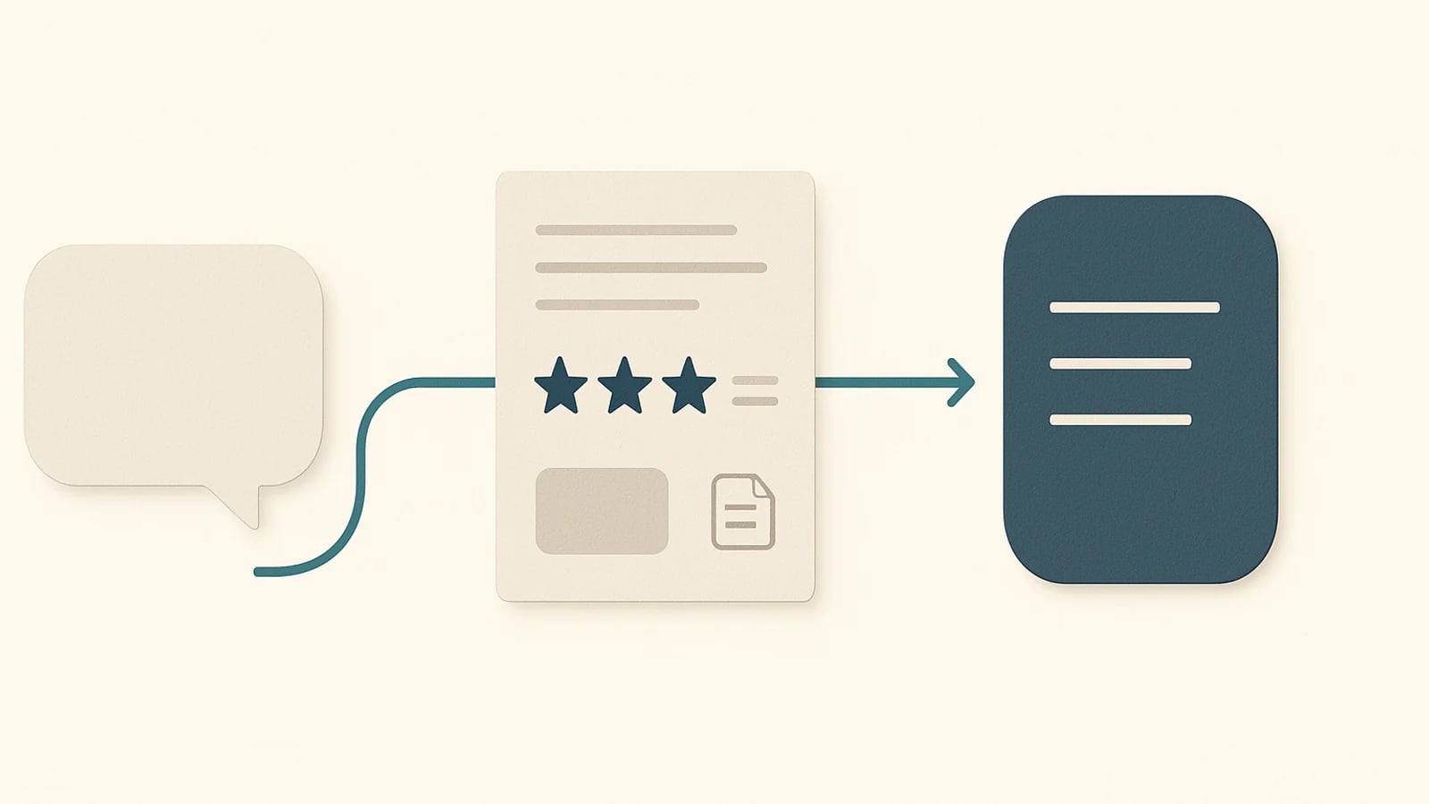 Three calm stages showing a customer question, verifiable product facts, and a composed recommendation connected by a teal path
