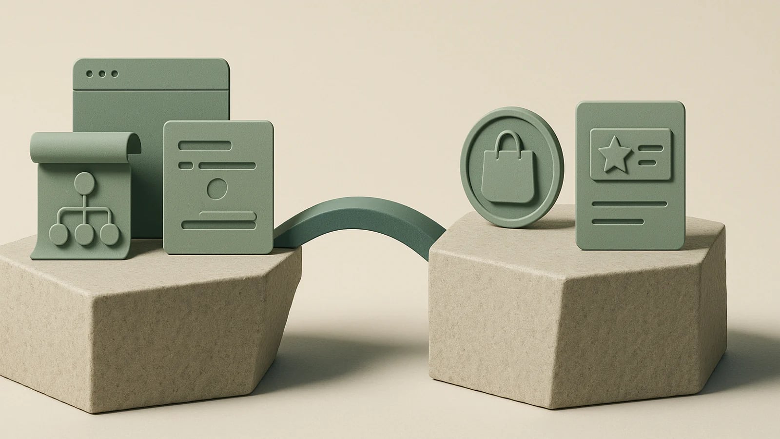 A split decision scene with foundational SEO objects on one side and GEO evidence objects on the other, joined by a teal bridge