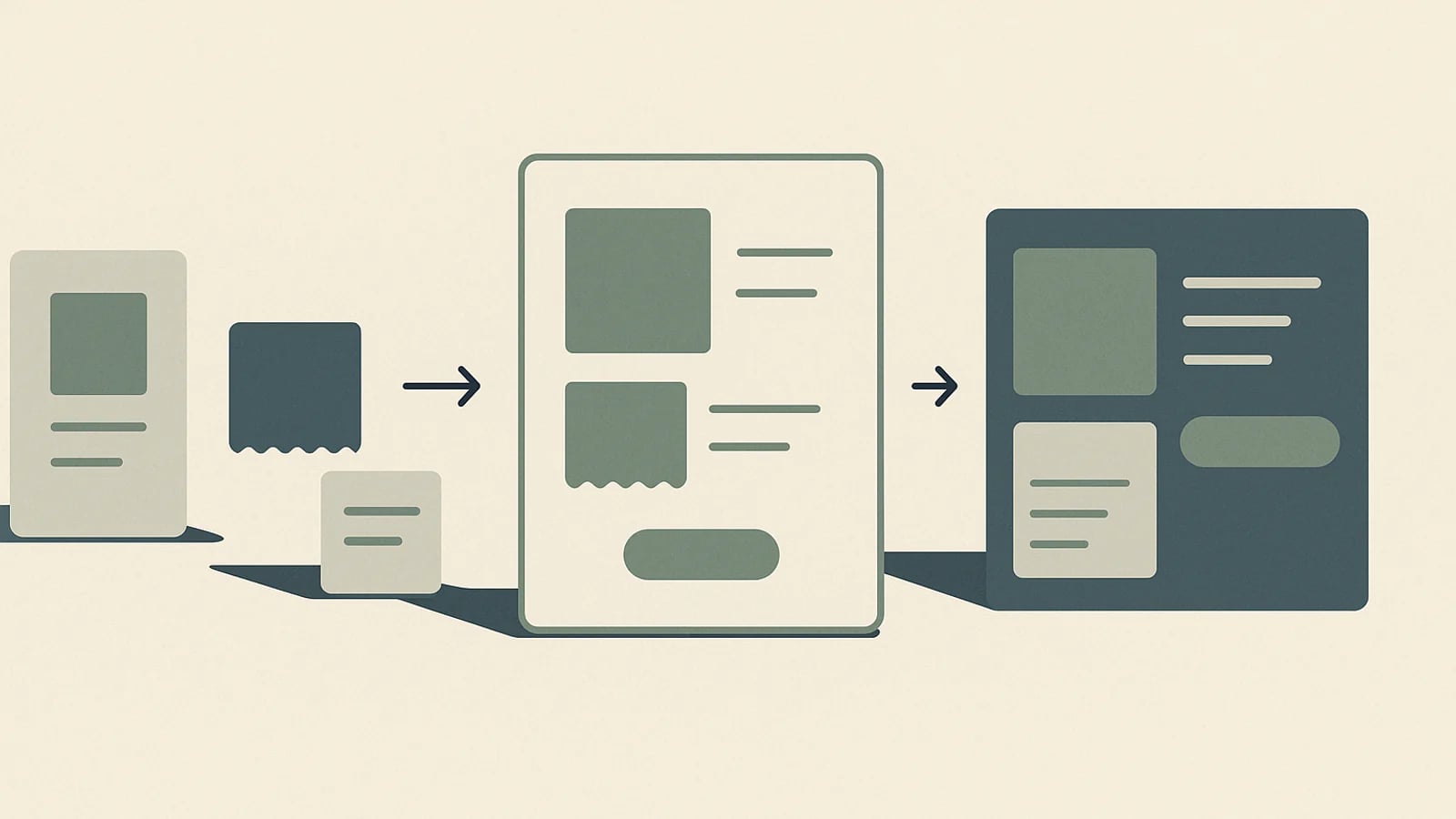 Stylized matte storefront source objects moving through a catalog mapping layer into organized shopping-channel forms